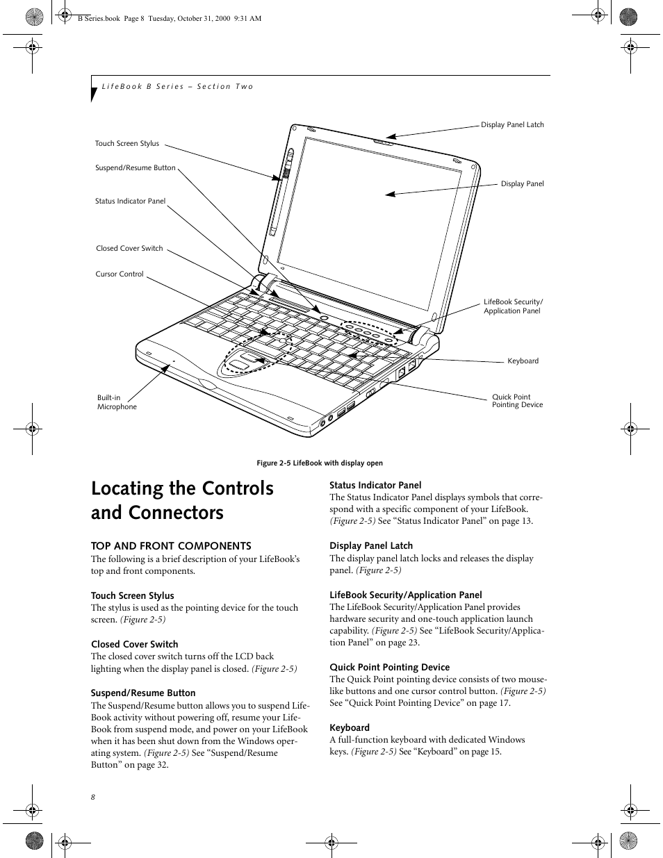 Top and front components, Touch screen stylus, Closed cover switch | Suspend/resume button, Status indicator panel, Display panel latch, Lifebook security/application panel, Quick point pointing device, Keyboard, Locating the controls and connectors | FUJITSU Laptop User Manual | Page 16 / 96