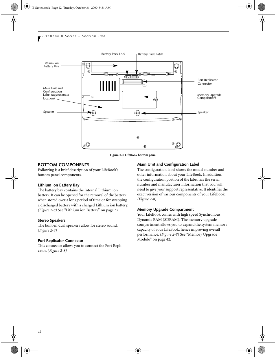 Bottom components, Lithium ion battery bay, Stereo speakers | Port replicator connector, Main unit and configuration label, Memory upgrade compartment | FUJITSU Laptop User Manual | Page 20 / 96