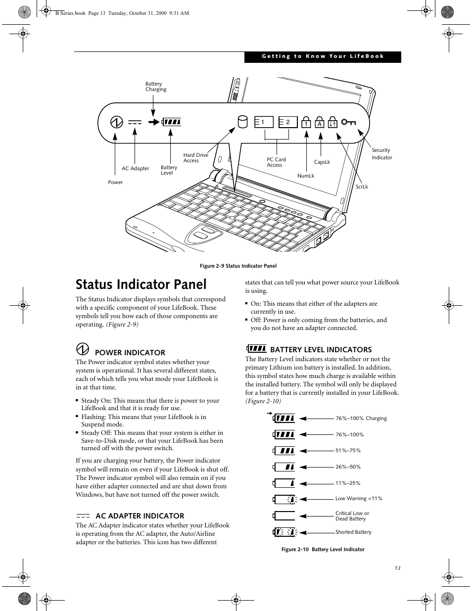 Power indicator, Ac adapter indicator, Battery level indicators | Status indicator panel | FUJITSU Laptop User Manual | Page 21 / 96