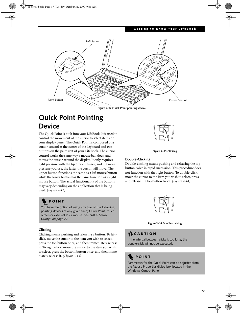 Clicking, Double-clicking, Quick point pointing device | FUJITSU Laptop User Manual | Page 25 / 96