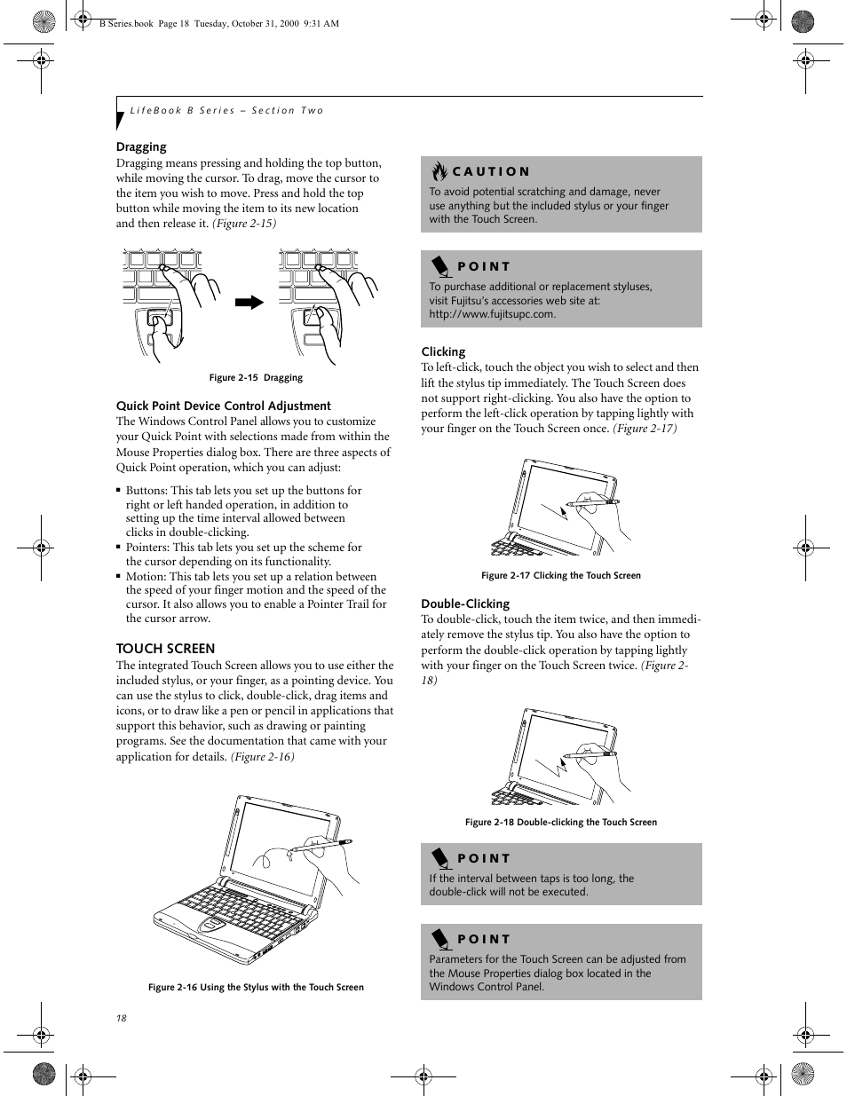 Dragging, Quick point device control adjustment, Touch screen | Clicking, Double-clicking | FUJITSU Laptop User Manual | Page 26 / 96