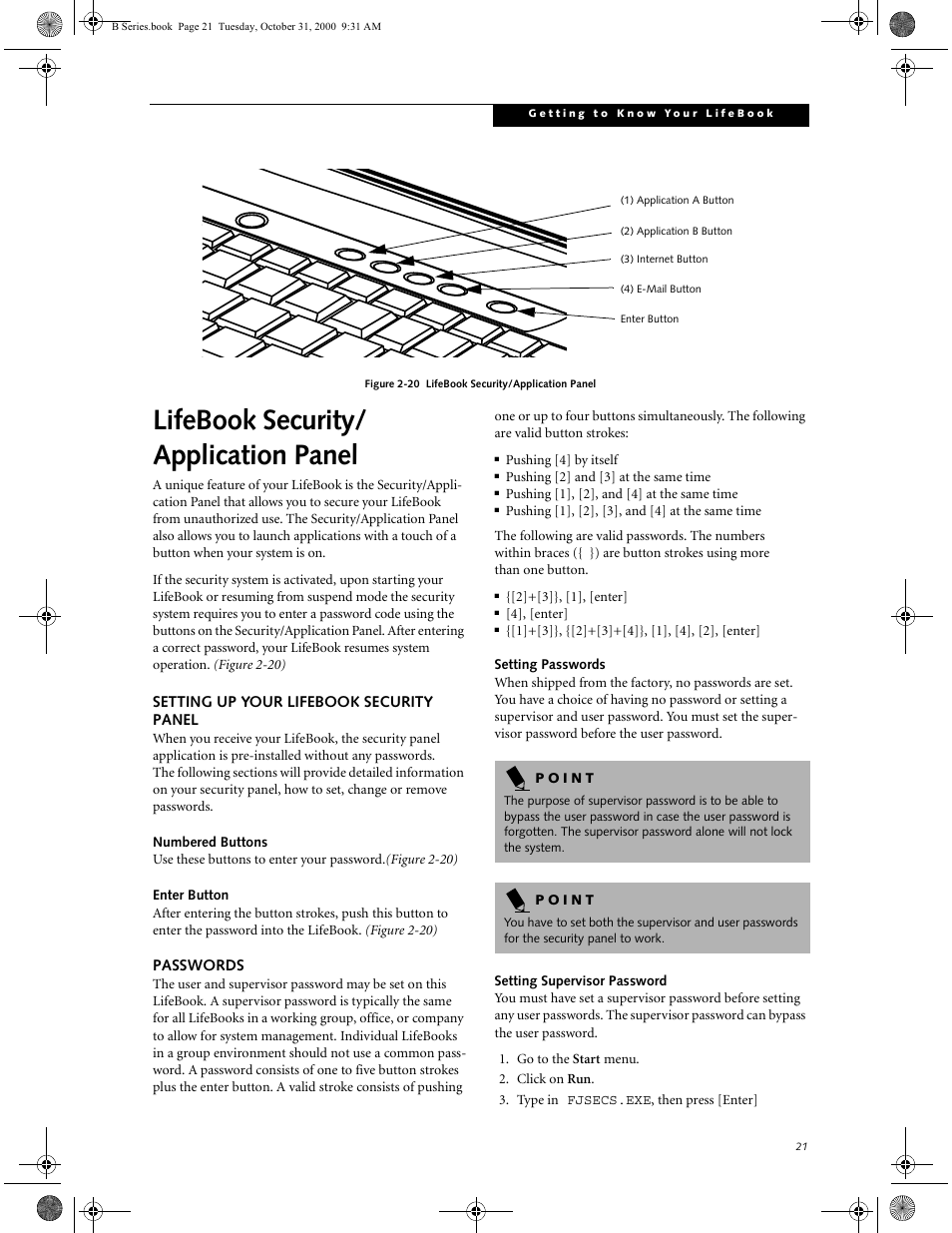 Setting up your lifebook security panel, Numbered buttons, Enter button | Passwords, Setting passwords, Setting supervisor password, Lifebook security/application panel, Setting up your lifebook security panel passwords, Lifebook security/ application panel | FUJITSU Laptop User Manual | Page 29 / 96