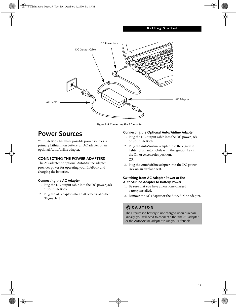 Connecting the power adapters, Connecting the ac adapter, Connecting the optional auto/airline adapter | Power sources | FUJITSU Laptop User Manual | Page 35 / 96