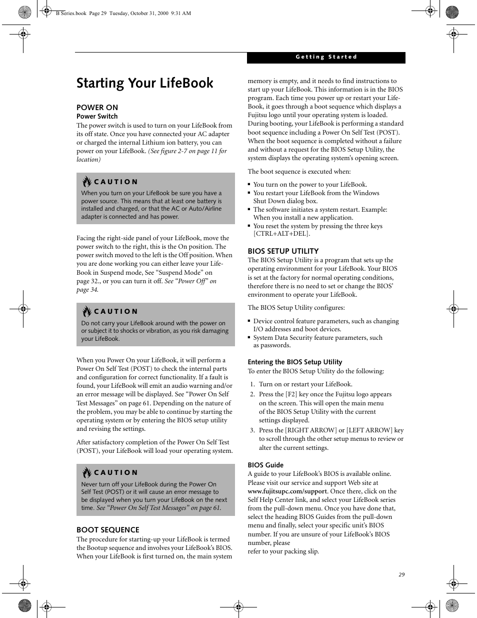 Power on, Boot sequence, Bios setup utility | Entering the bios setup utility, Bios guide, Starting your lifebook, Power on boot sequence bios setup utility | FUJITSU Laptop User Manual | Page 37 / 96