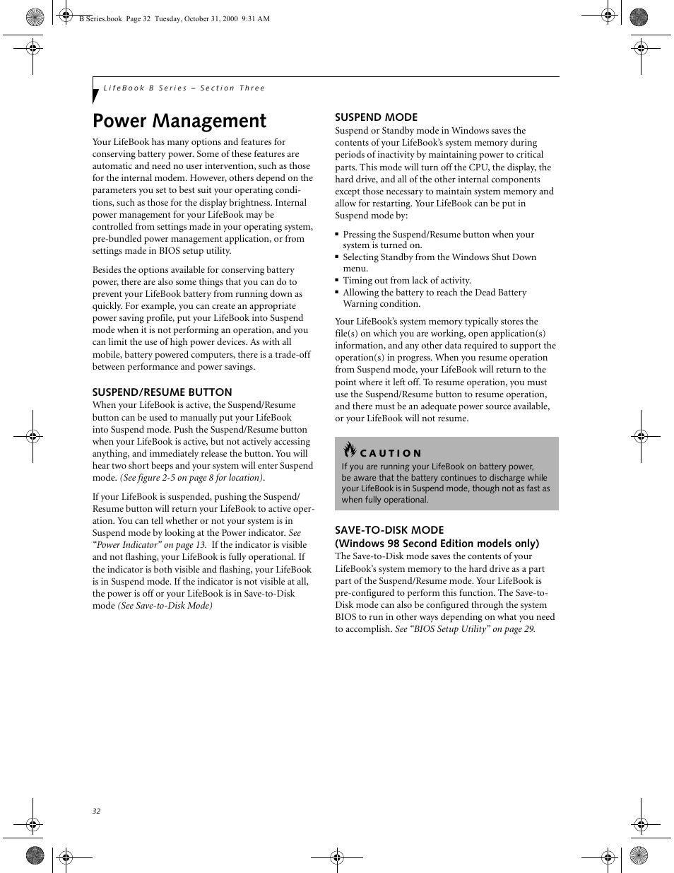 Suspend/resume button, Suspend mode, Power management | Windows 98 second edition models only) | FUJITSU Laptop User Manual | Page 40 / 96