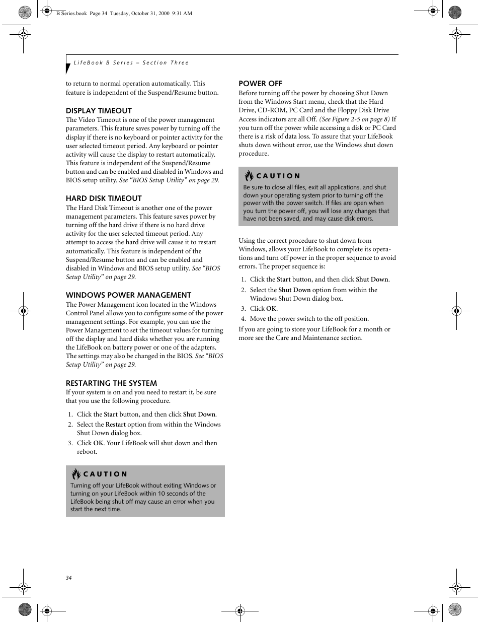 Display timeout, Hard disk timeout, Windows power management | Restarting the system, Power off | FUJITSU Laptop User Manual | Page 42 / 96