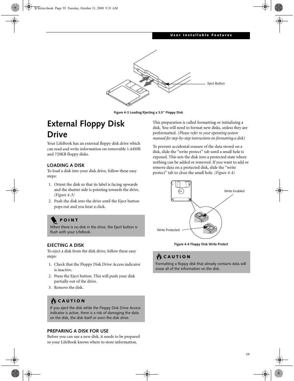 Loading a disk, Ejecting a disk, Preparing a disk for use | External floppy disk drive | FUJITSU Laptop User Manual | Page 47 / 96