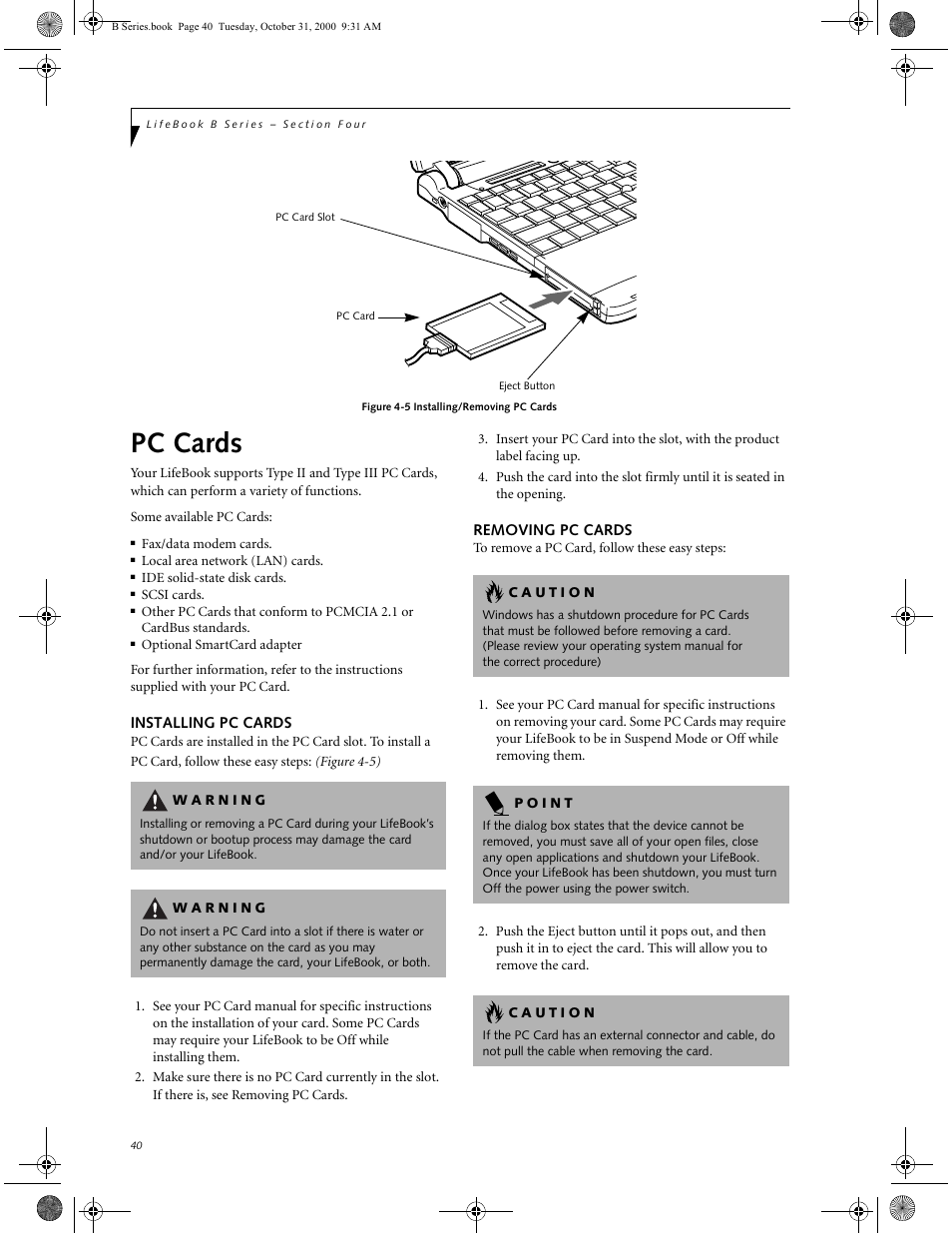 Installing pc cards, Removing pc cards, Pc cards | Installing pc cards removing pc cards | FUJITSU Laptop User Manual | Page 48 / 96