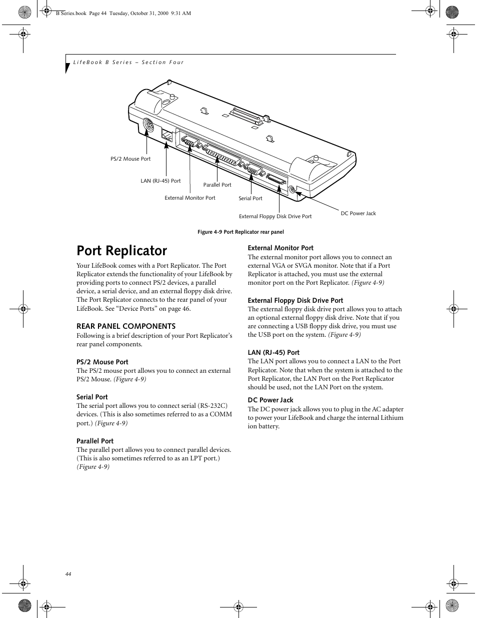 Rear panel components, Ps/2 mouse port, Serial port | Parallel port, External monitor port, External floppy disk drive port, Lan (rj-45) port, Port replicator | FUJITSU Laptop User Manual | Page 52 / 96