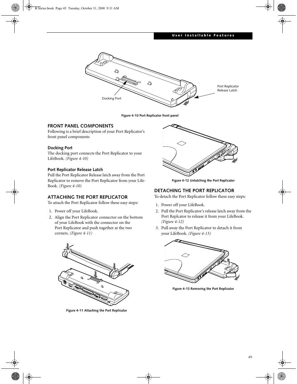 Front panel components, Docking port, Port replicator release latch | Attaching the port replicator, Detaching the port replicator | FUJITSU Laptop User Manual | Page 53 / 96