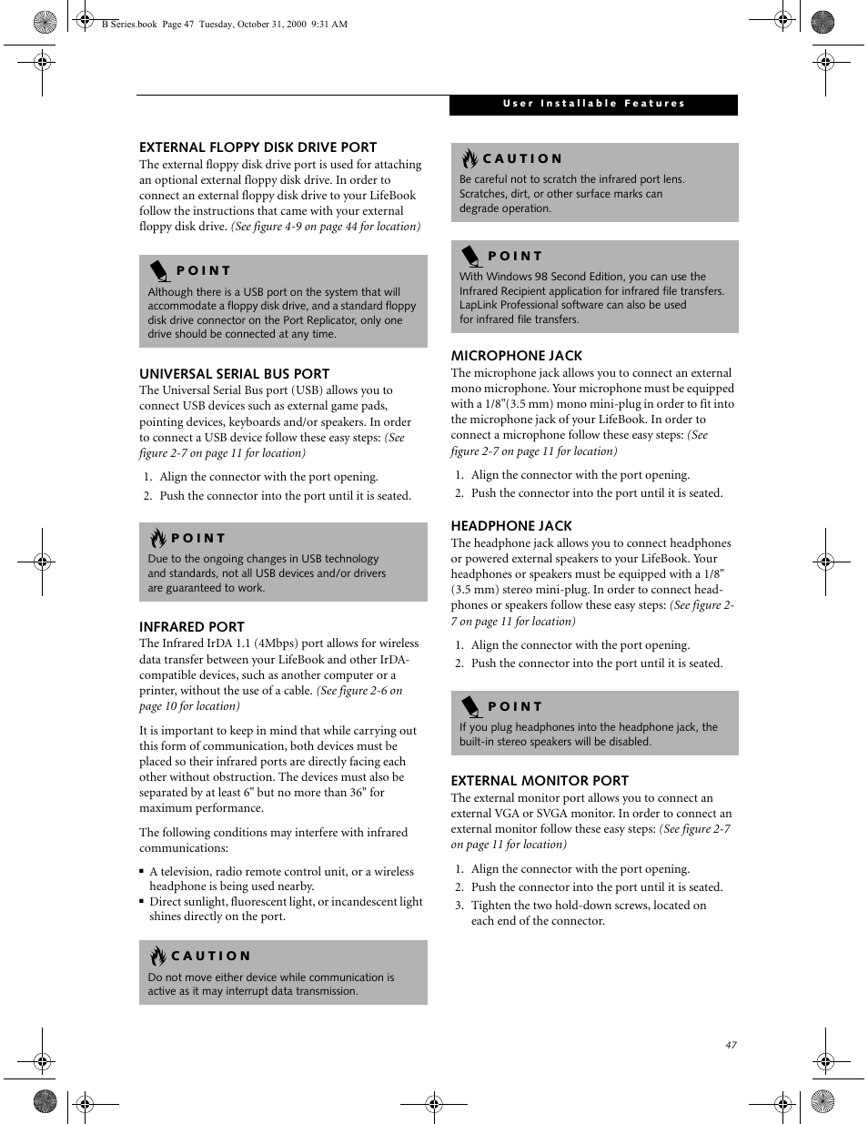 External floppy disk drive port, Universal serial bus port, Infrared port | Microphone jack, Headphone jack, External monitor port | FUJITSU Laptop User Manual | Page 55 / 96