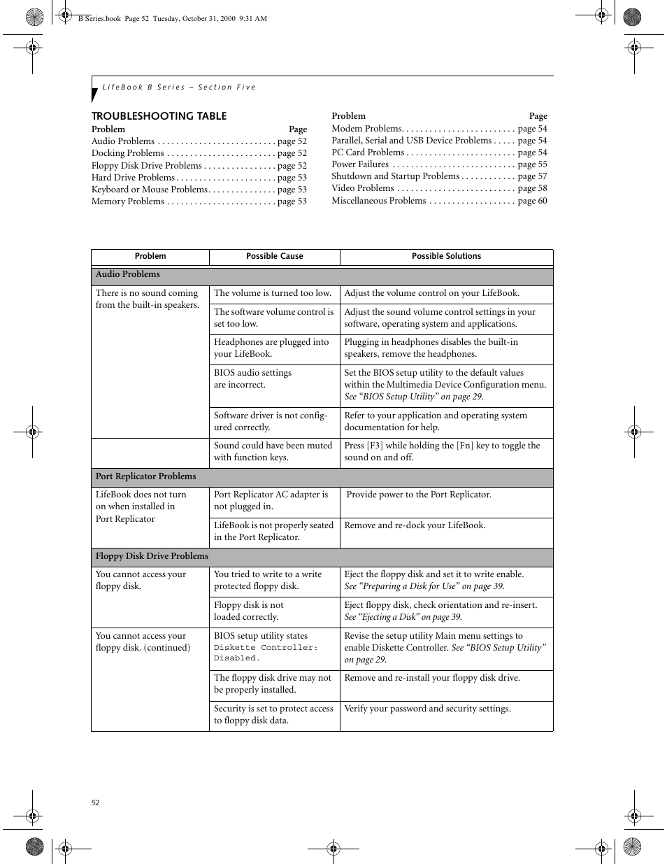 Troubleshooting table | FUJITSU Laptop User Manual | Page 60 / 96