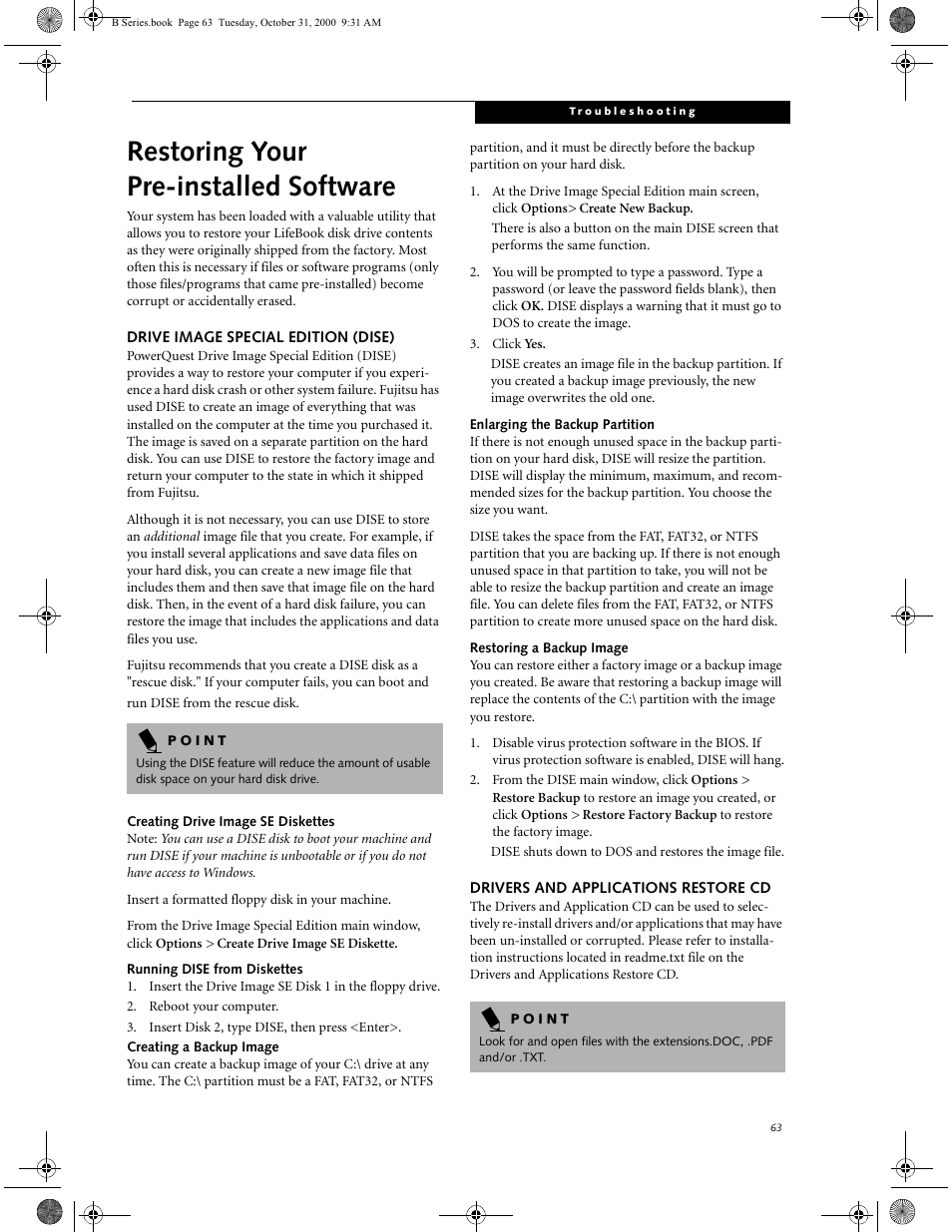 Drive image special edition (dise), Creating drive image se diskettes, Running dise from diskettes | Creating a backup image, Enlarging the backup partition, Restoring a backup image, Drivers and applications restore cd, Restoring your pre-installed software | FUJITSU Laptop User Manual | Page 71 / 96