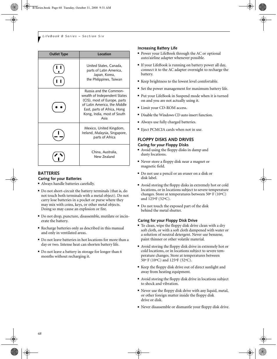 Batteries, Increasing battery life, Floppy disks and drives | Caring for your floppy disk drive, Batteries floppy disks and drives | FUJITSU Laptop User Manual | Page 76 / 96