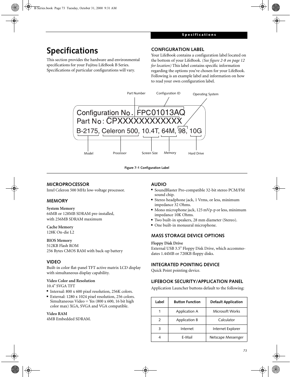 Configuration label, Microprocessor, Memory | Video, Audio, Mass storage device options, Integrated pointing device, Lifebook security/application panel, Specifications | FUJITSU Laptop User Manual | Page 81 / 96