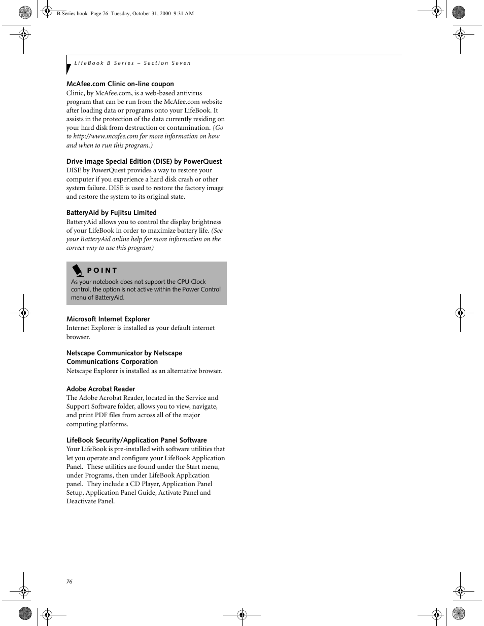 Mcafee.com clinic on-line coupon, Drive image special edition (dise) by powerquest, Batteryaid by fujitsu limited | Microsoft internet explorer, Adobe acrobat reader, Lifebook security/application panel software | FUJITSU Laptop User Manual | Page 84 / 96