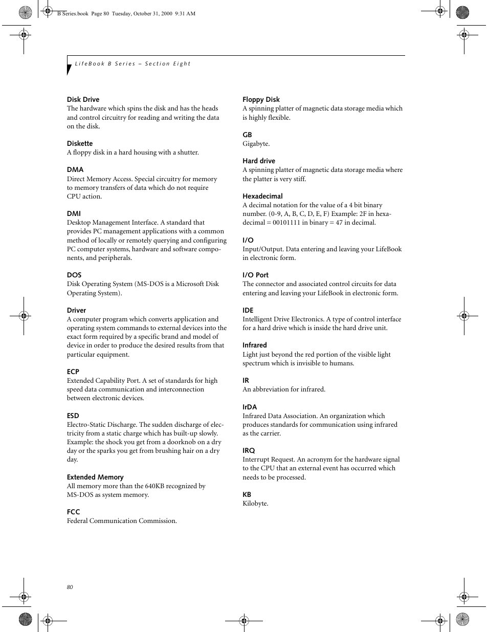 Disk drive, Diskette, Driver | Extended memory, Floppy disk, Hard drive, Hexadecimal, I/o port, Infrared, Irda | FUJITSU Laptop User Manual | Page 88 / 96