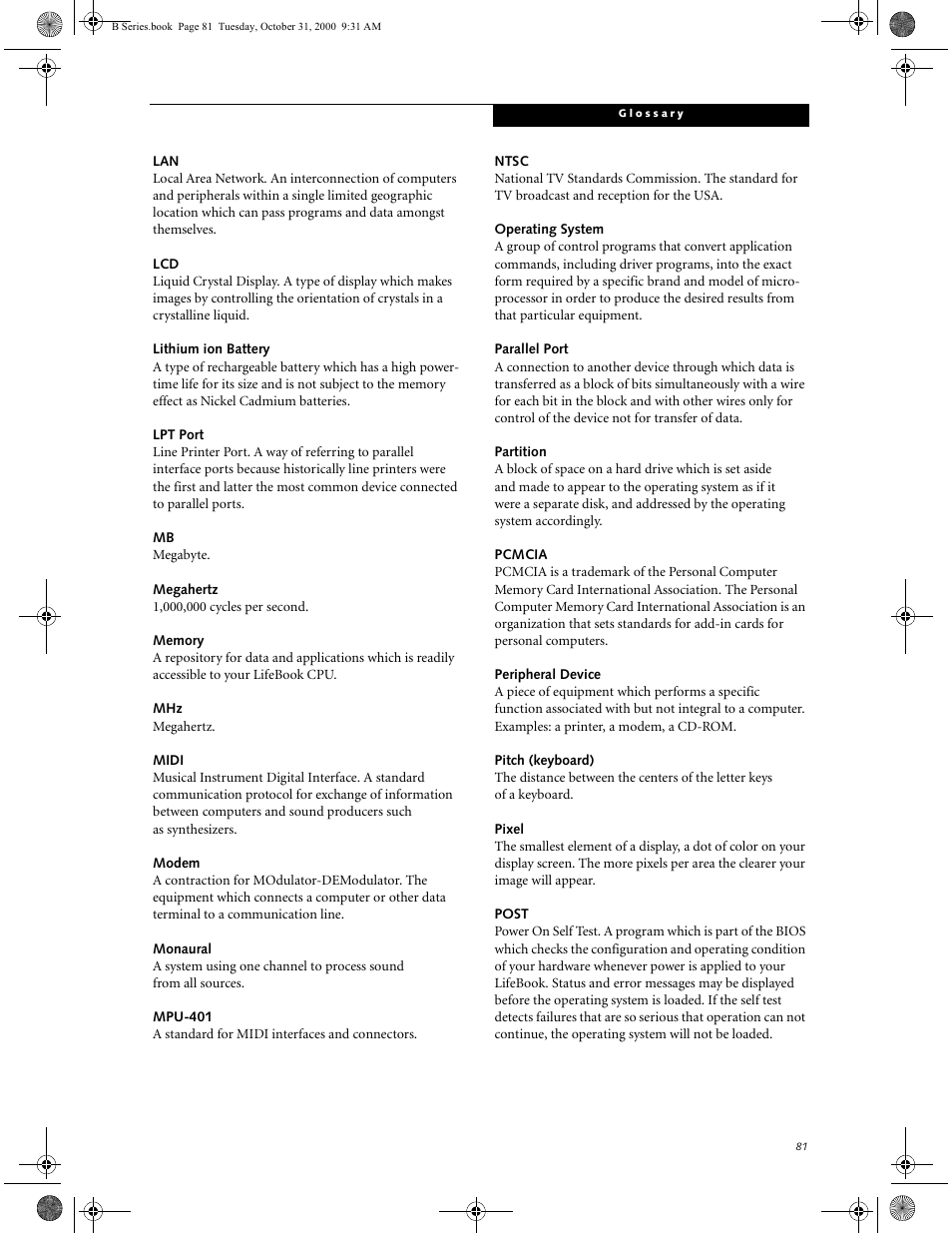 Lithium ion battery, Lpt port, Megahertz | Memory, Midi, Modem, Monaural, Mpu-401, Ntsc, Operating system | FUJITSU Laptop User Manual | Page 89 / 96