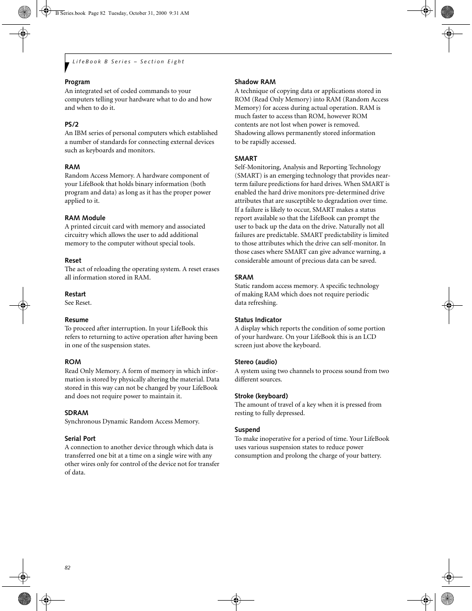 Program, Ps/2, Ram module | Reset, Restart, Resume, Sdram, Serial port, Shadow ram, Smart | FUJITSU Laptop User Manual | Page 90 / 96