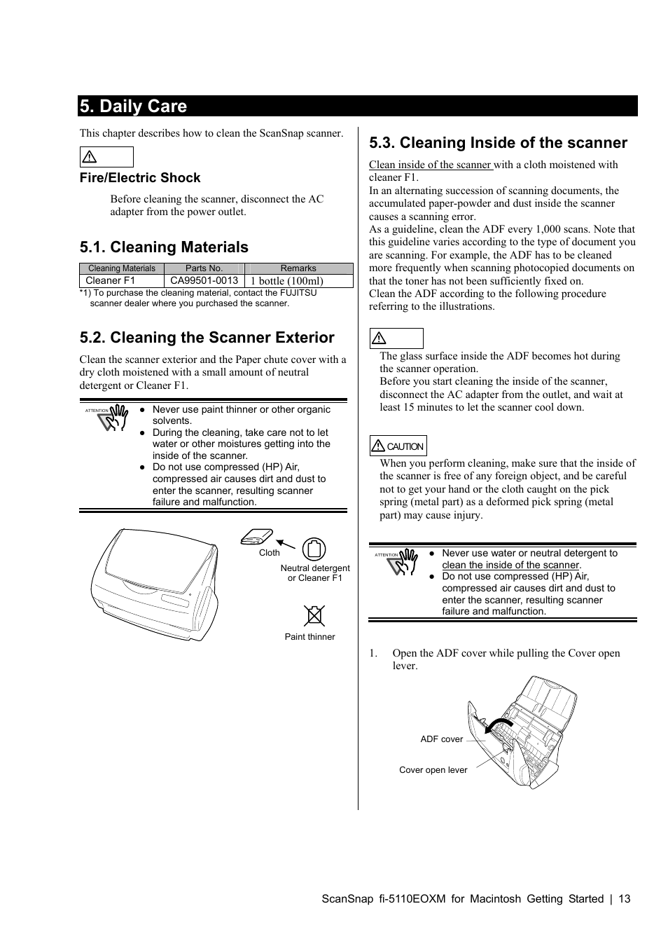 Daily care, Cleaning materials, Cleaning the scanner exterior | Cleaning inside of the scanner, In “ 5.3. cleaning inside of the scanner, Fire/electric shock | FUJITSU SCANSNAP FI-5110EOXM User Manual | Page 15 / 20