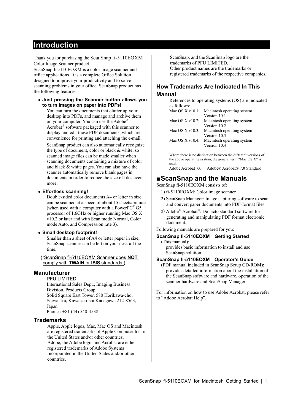 Introduction, Scansnap and the manuals, Manufacturer | FUJITSU SCANSNAP FI-5110EOXM User Manual | Page 3 / 20