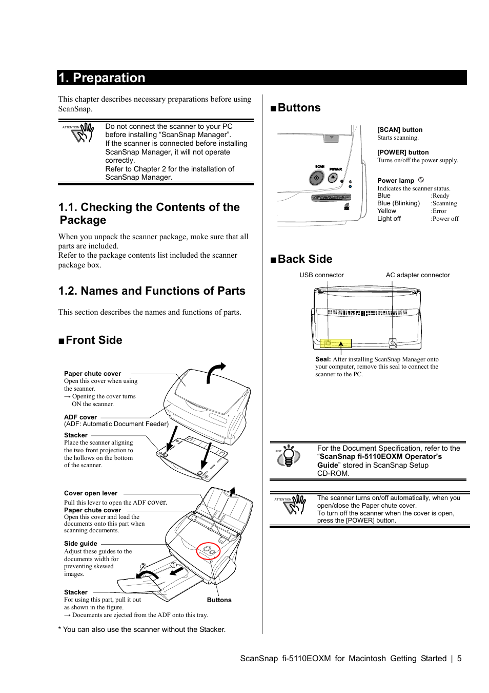 Preparation, Checking the contents of the package, Names and functions of parts | Checking the contents of the kage pac, Front side, Buttons, Back side | FUJITSU SCANSNAP FI-5110EOXM User Manual | Page 7 / 20