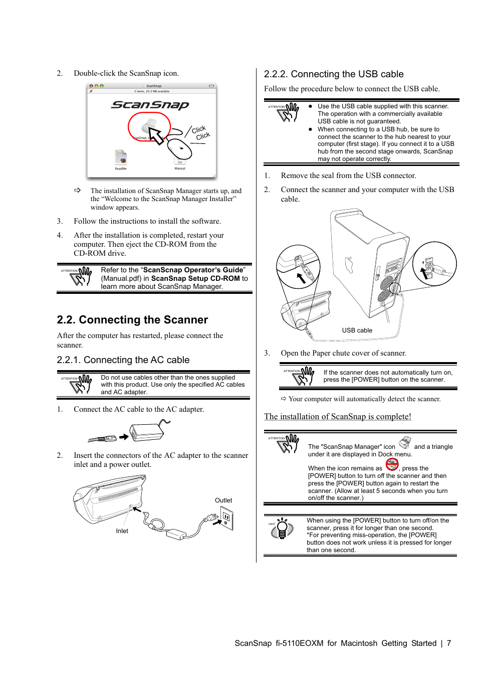 Connecting the scanner, Connecting the ac cable, Connecting the usb cable | FUJITSU SCANSNAP FI-5110EOXM User Manual | Page 9 / 20