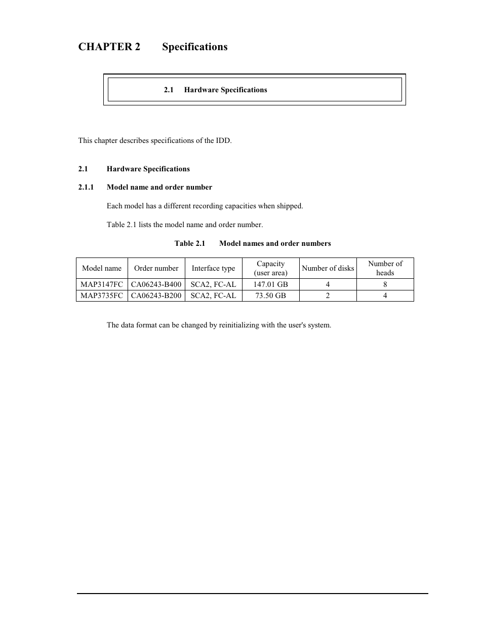 Chapter 2 specifications, 1 hardware specifications, 1 model name and order number | FUJITSU MAP3735FC User Manual | Page 29 / 114