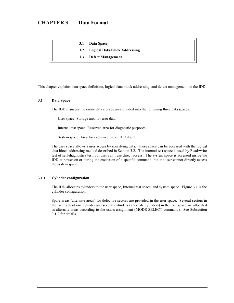 Chapter 3 data format, 1 data space, 1 cylinder configuration | FUJITSU MAP3735FC User Manual | Page 37 / 114