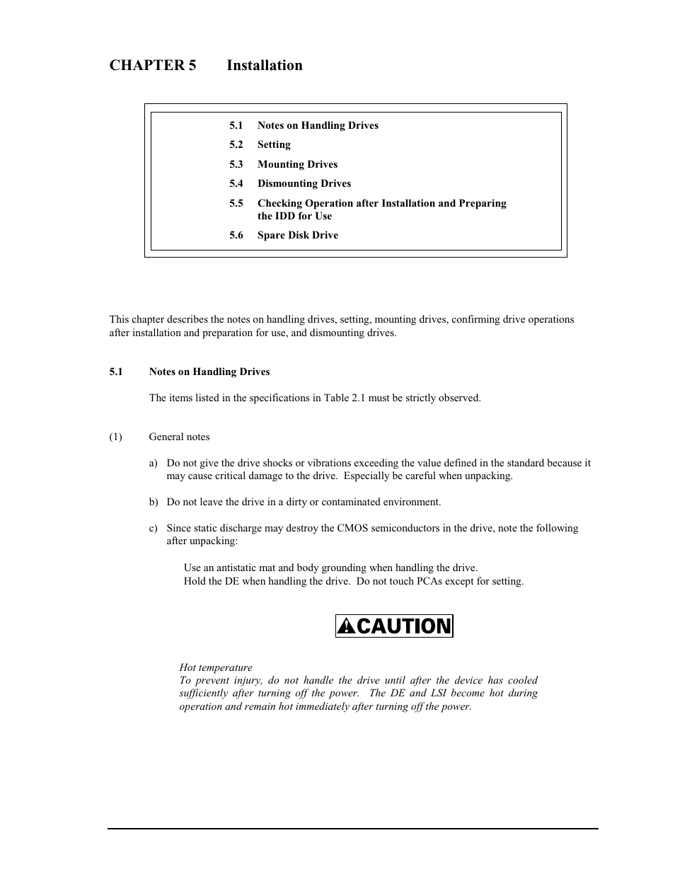 Chapter 5 installation, 1 notes on handling drives | FUJITSU MAP3735FC User Manual | Page 63 / 114