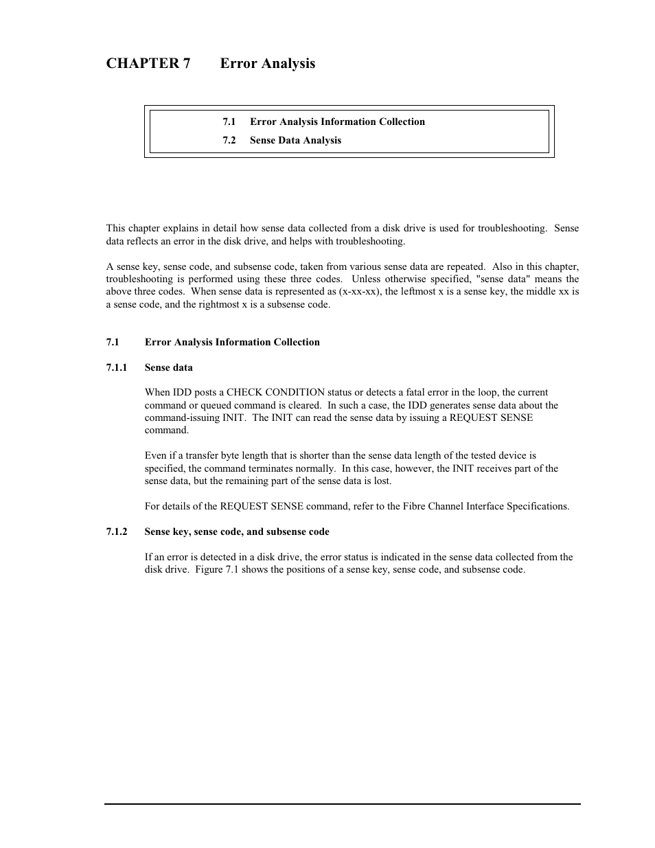 Chapter 7 error analysis, 1 error analysis inform tion collection, 1 sense data | 2 sense key,sense code,and subsense code | FUJITSU MAP3735FC User Manual | Page 95 / 114