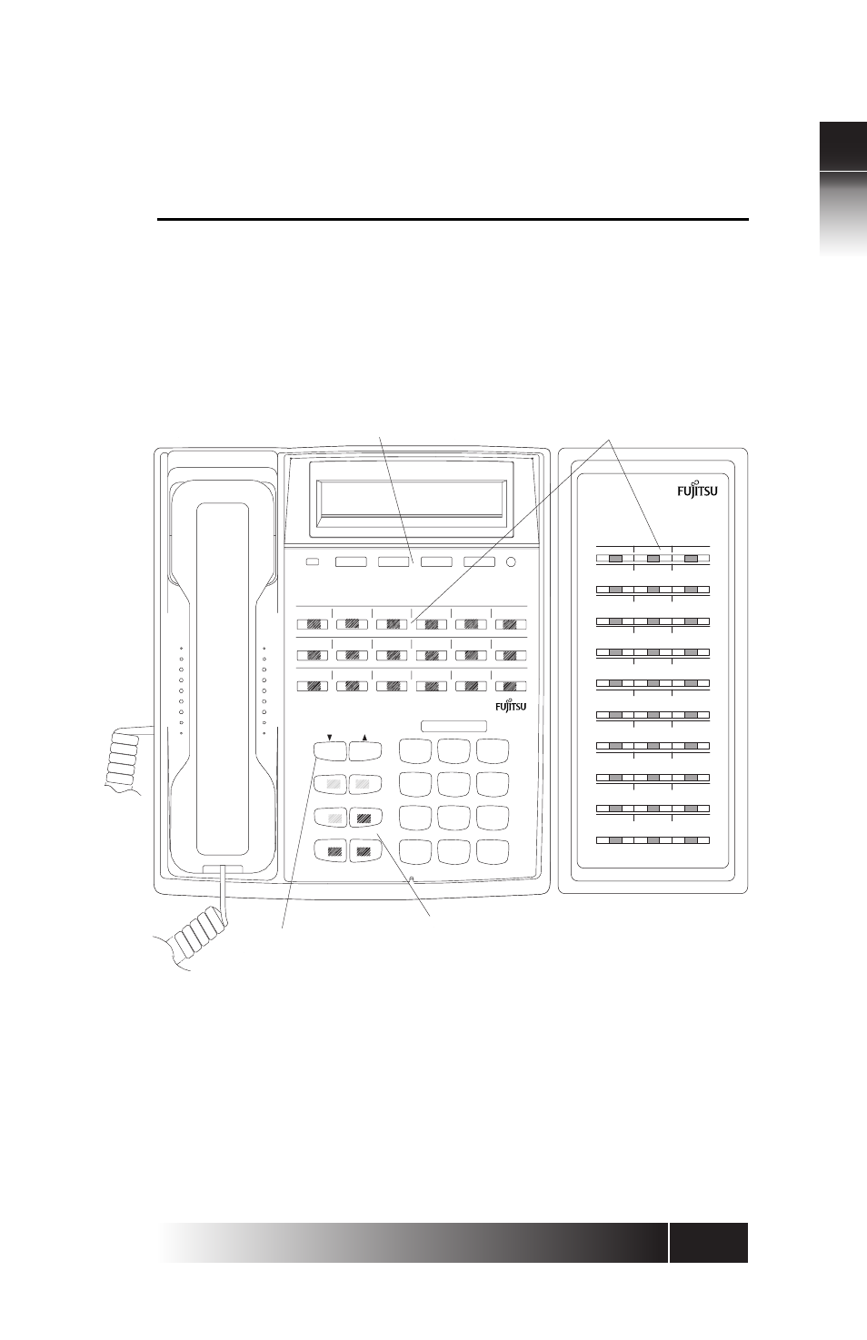 Chapter 1 - terminal overview, Ni / 5e custom, Terminal overview | Getting acquainted with your digital set -1, Ni / 5e custom t erminal over view, Chapter 1 getting acquainted with your digital set, Function keys optional abm volume/contrast buttons, Multifunction buttons softkeys, Srs-9924-abm | FUJITSU SRS-9924 User Manual | Page 13 / 115