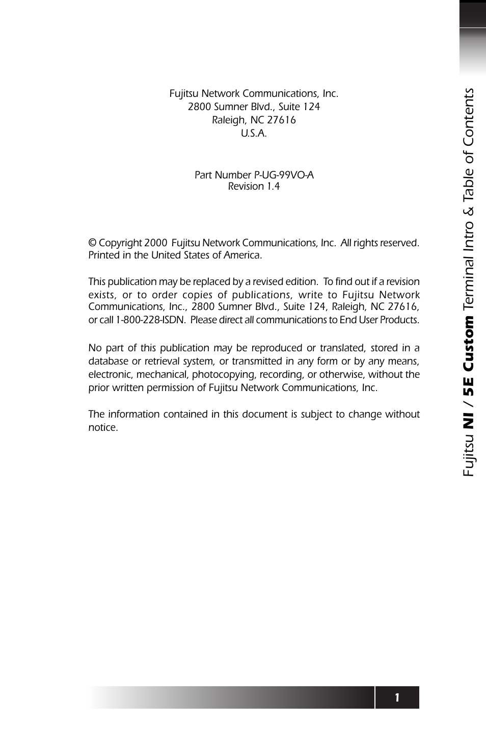 Terminal intro, Fujitsu ni / 5e custom, Terminal intro & table of contents | FUJITSU SRS-9924 User Manual | Page 3 / 115