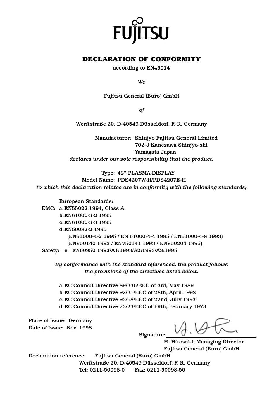 Declaration of conformity | FUJITSU PDS4207W-H User Manual | Page 2 / 44