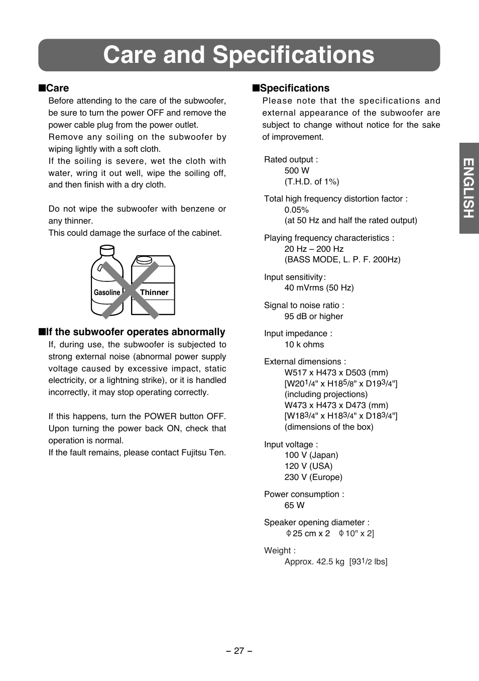 Care and specifications, English | FUJITSU TD725SW User Manual | Page 13 / 14