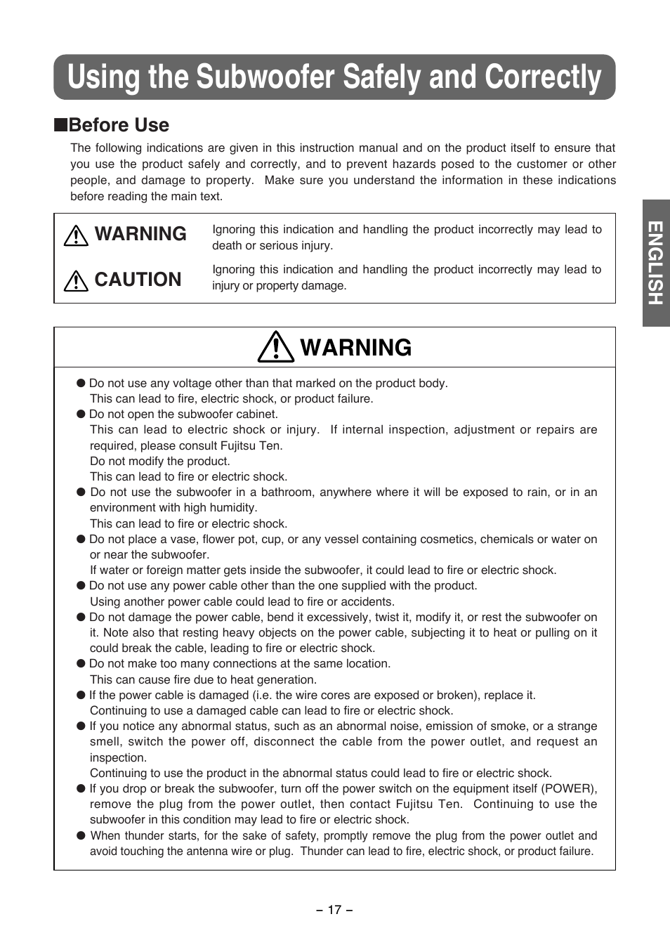 Using the subwoofer safely and correctly, Warning, Before use | Warning caution, English | FUJITSU TD725SW User Manual | Page 3 / 14