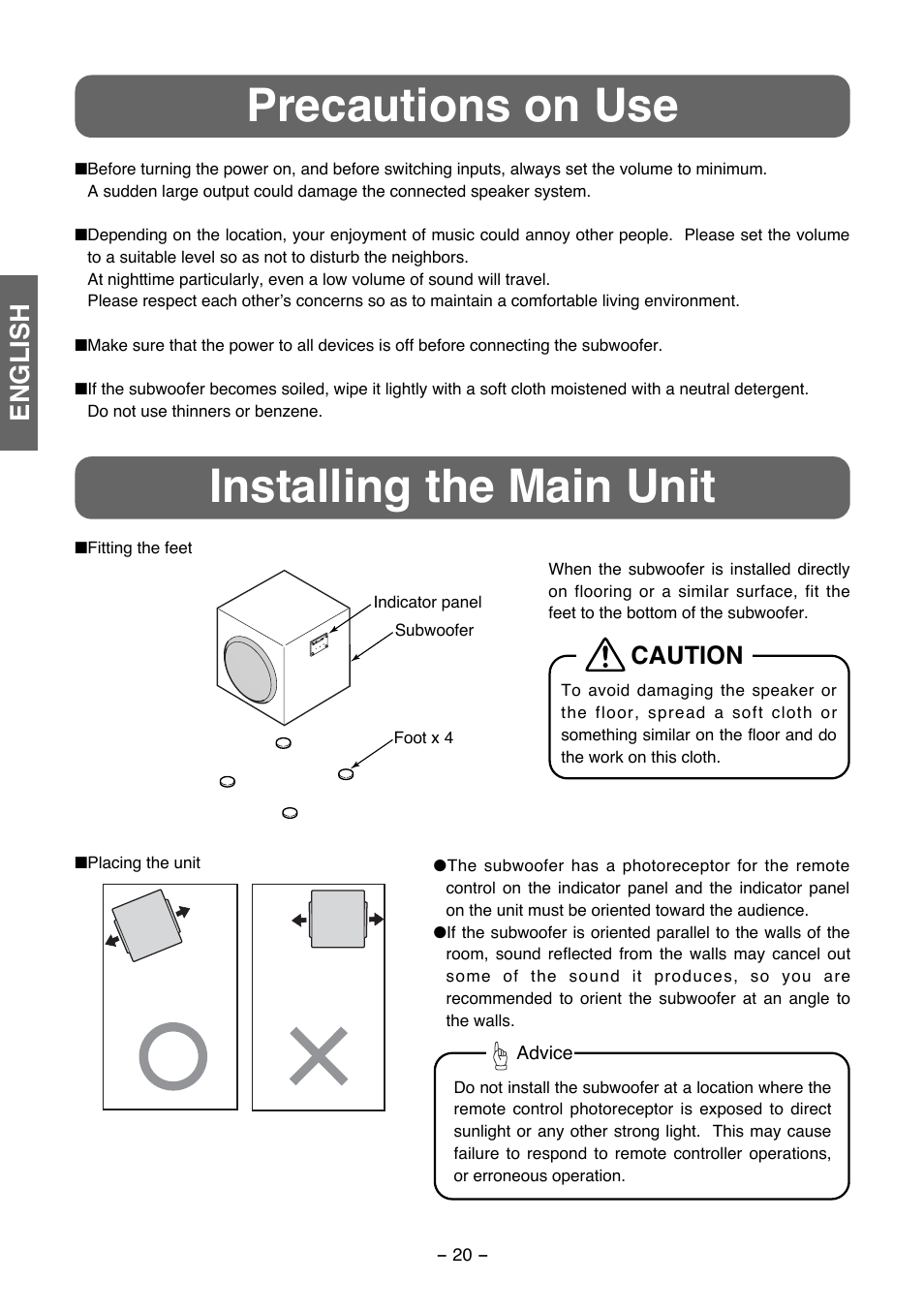 Precautions on use installing the main unit, English, Caution | FUJITSU TD725SW User Manual | Page 6 / 14