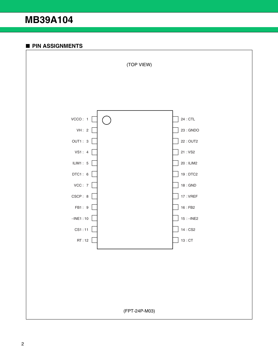Pin assignments | FUJITSU MB39A104 User Manual | Page 2 / 40