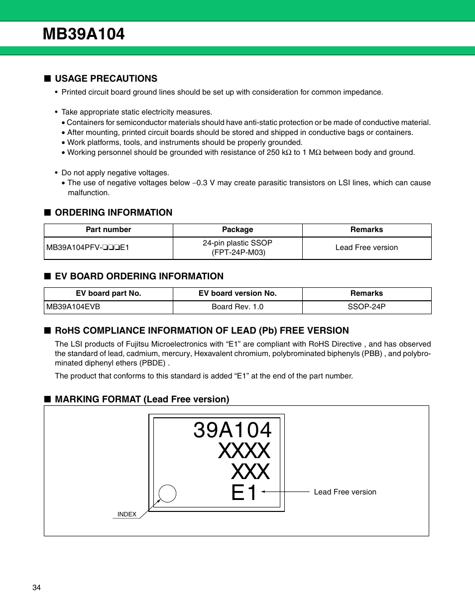 Usage precautions, Ordering information, Ev board ordering information | Marking format (lead free version) | FUJITSU MB39A104 User Manual | Page 34 / 40