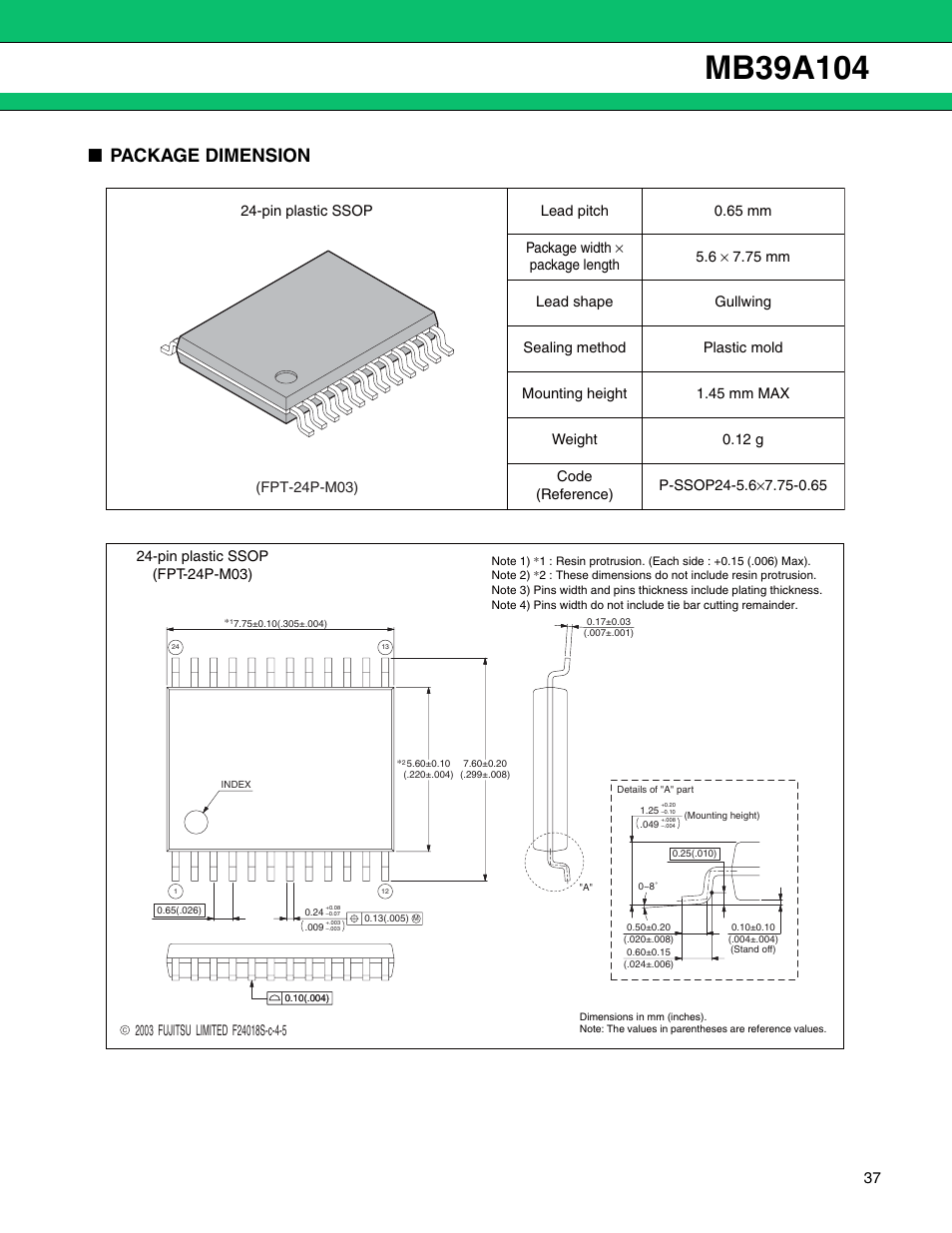 Package dimension | FUJITSU MB39A104 User Manual | Page 37 / 40