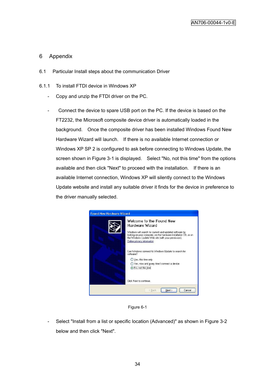 6 appendix, Appendix, To install ftdi device in windows xp | FUJITSU FM3 32-Bit Microcontroller MB9B300A User Manual | Page 35 / 56
