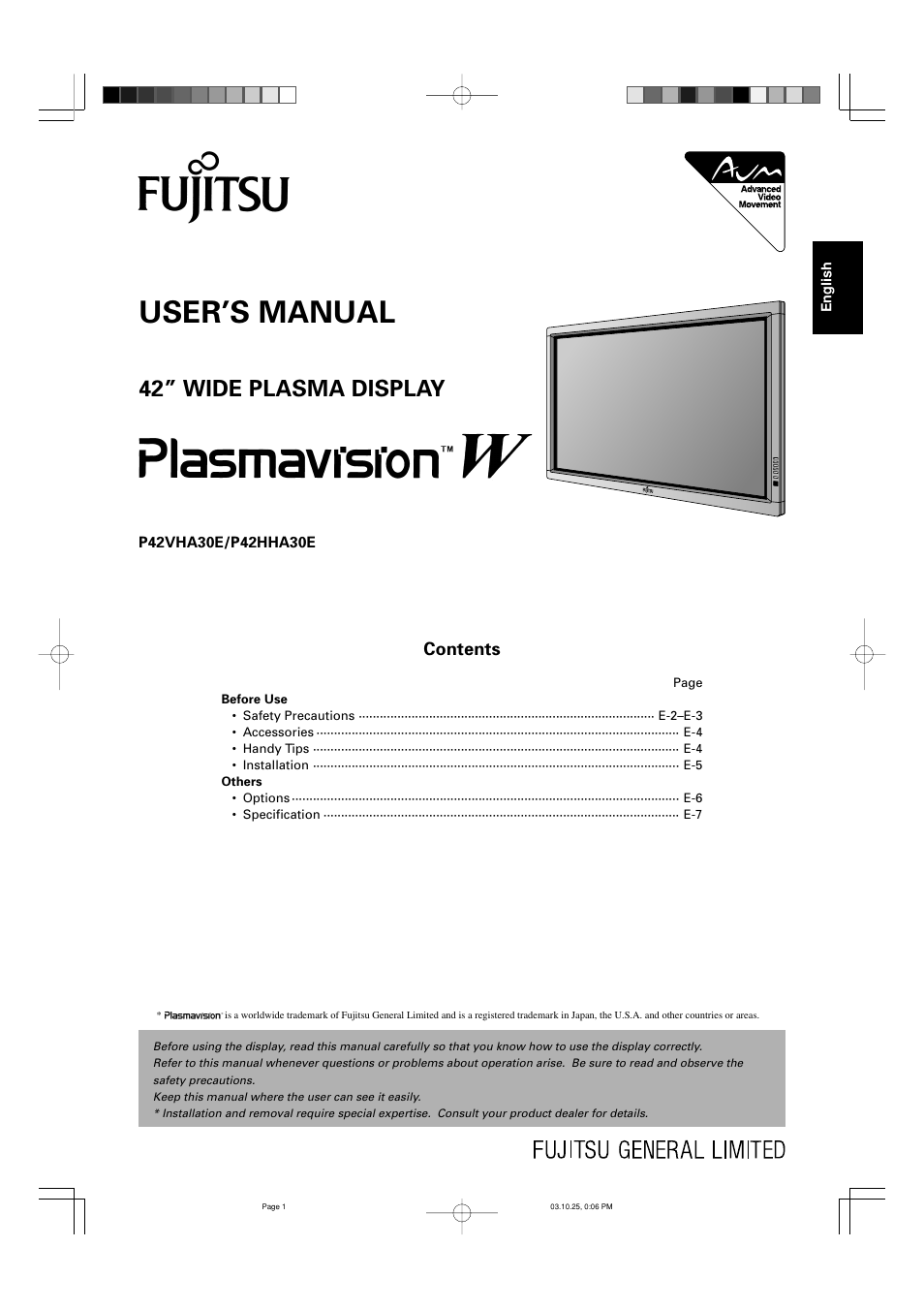 FUJITSU P42VHA30E User Manual | 7 pages