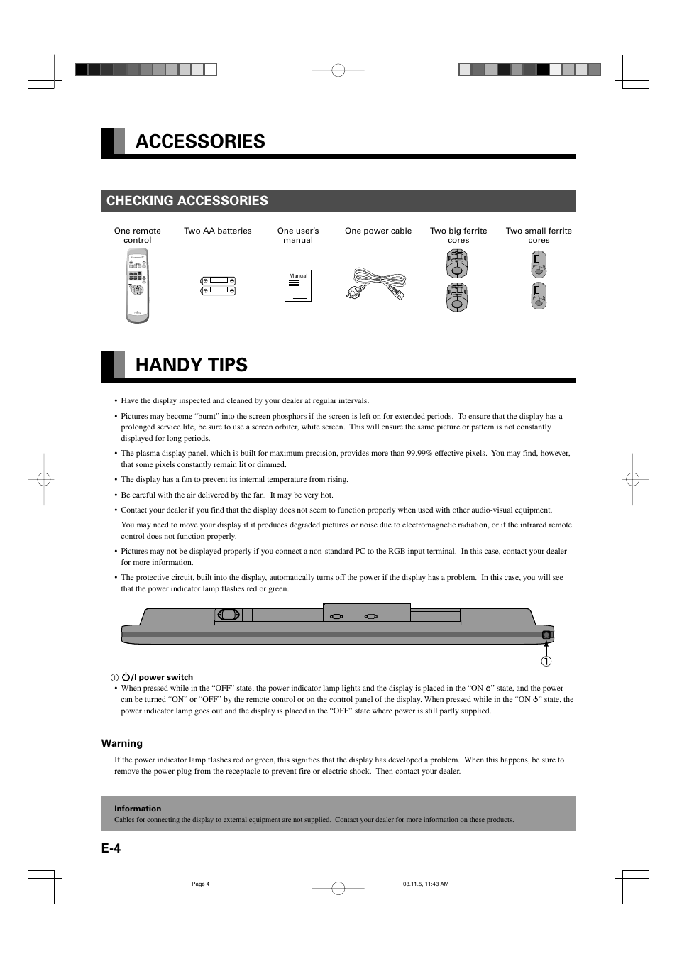 Accessories, Handy tips, Checking accessories | FUJITSU P42VHA30E User Manual | Page 4 / 7