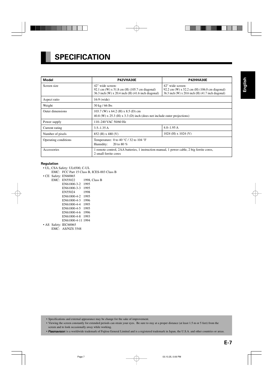 Specification | FUJITSU P42VHA30E User Manual | Page 7 / 7