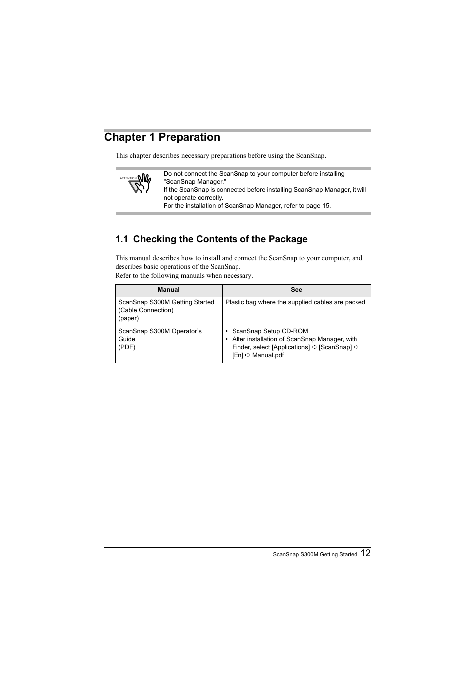 Chapter 1 preparation, 1 checking the contents of the package | FUJITSU SCANSNAP S300M User Manual | Page 13 / 38