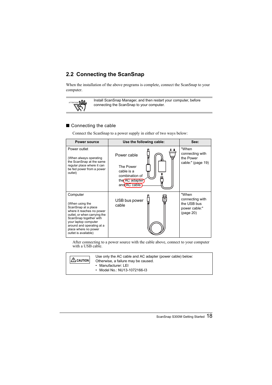 2 connecting the scansnap, 18 2.2 connecting the scansnap | FUJITSU SCANSNAP S300M User Manual | Page 19 / 38