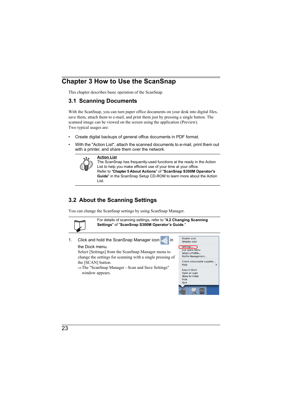 Chapter 3 how to use the scansnap, 1 scanning documents, 2 about the scanning settings | FUJITSU SCANSNAP S300M User Manual | Page 24 / 38