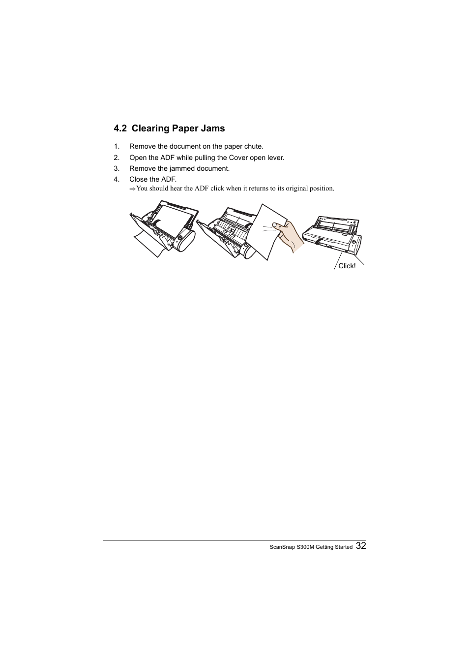 2 clearing paper jams, 32 4.2 clearing paper jams | FUJITSU SCANSNAP S300M User Manual | Page 33 / 38