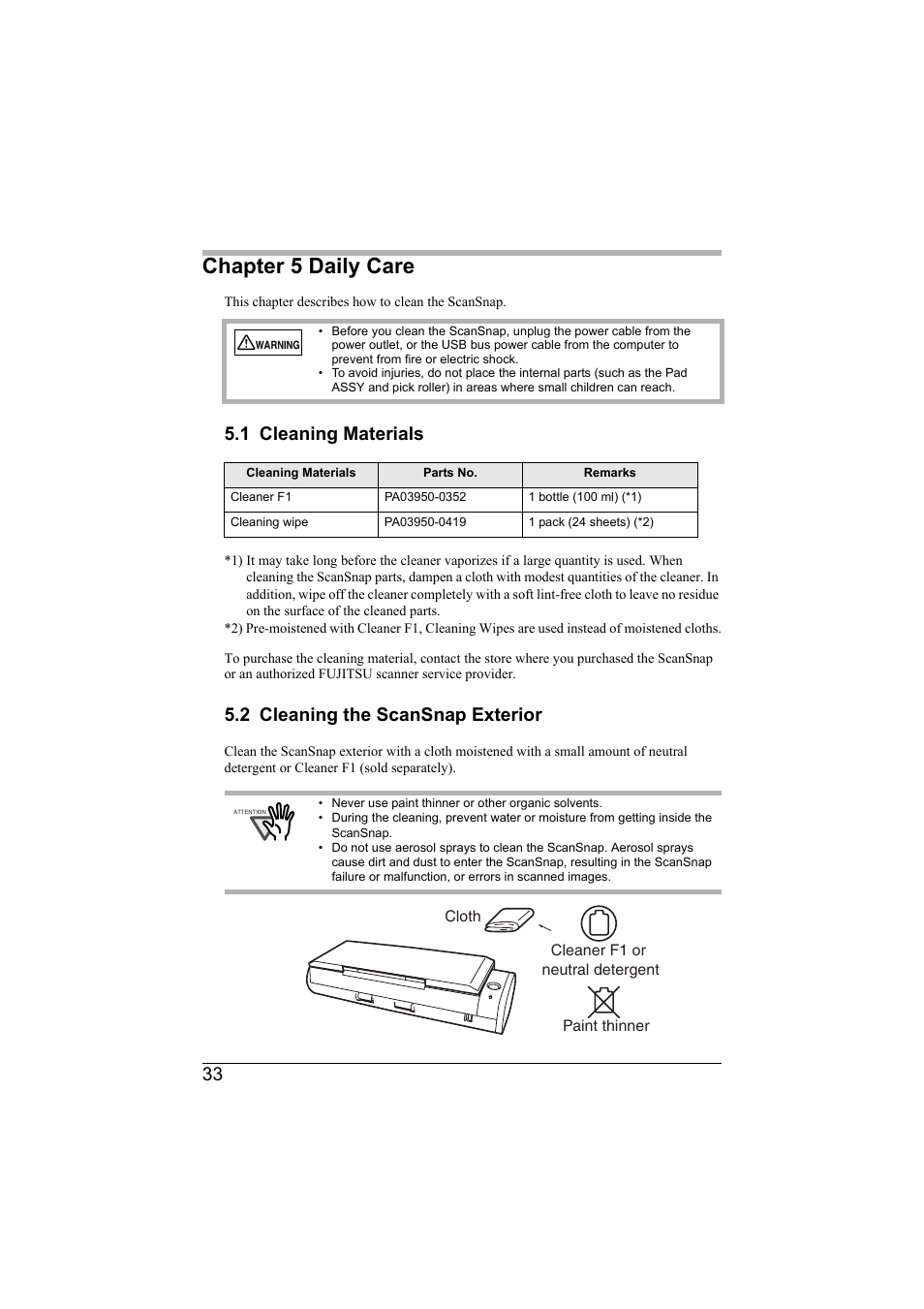 Chapter 5 daily care, 1 cleaning materials, 2 cleaning the scansnap exterior | FUJITSU SCANSNAP S300M User Manual | Page 34 / 38