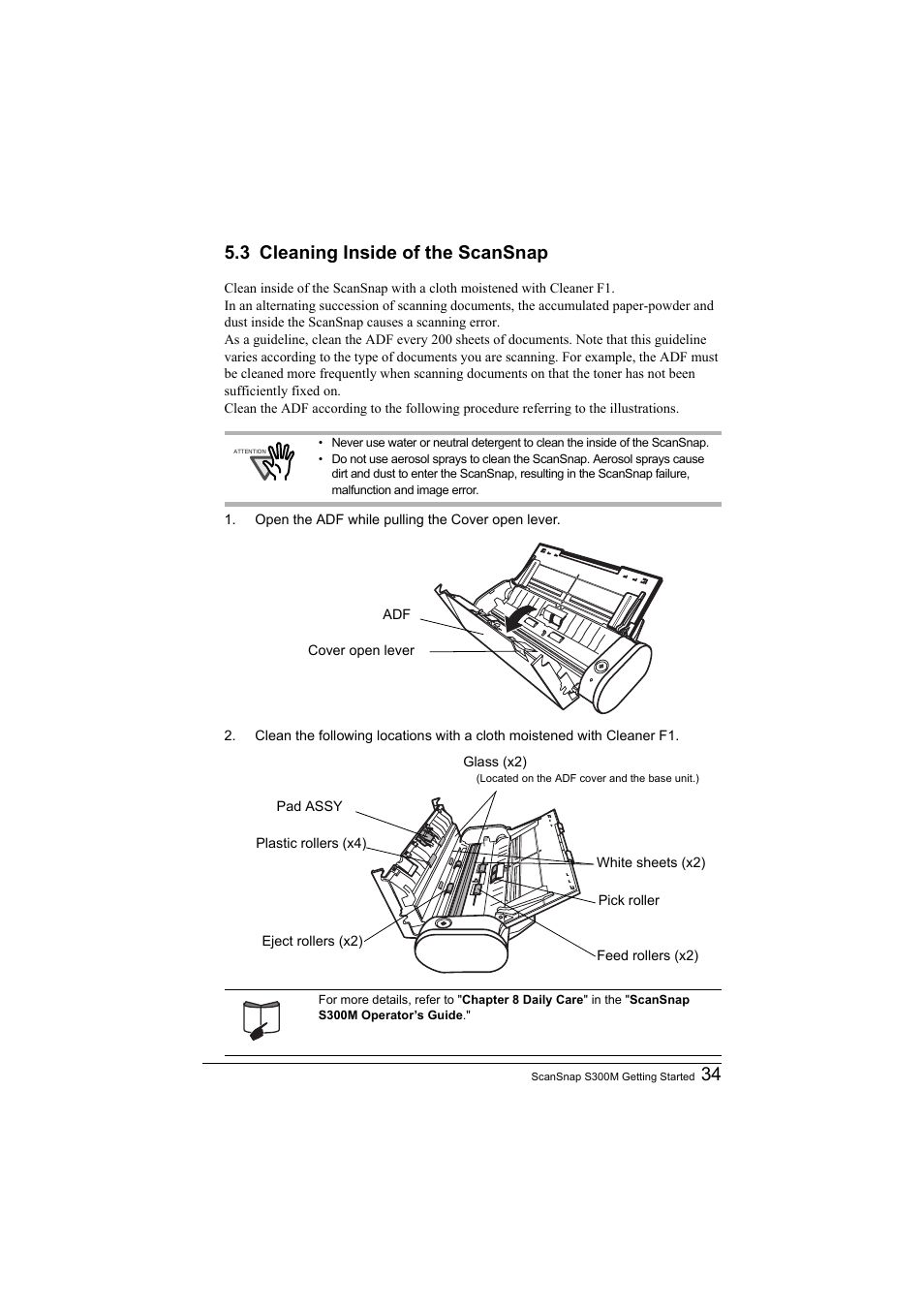 3 cleaning inside of the scansnap, 34 5.3 cleaning inside of the scansnap | FUJITSU SCANSNAP S300M User Manual | Page 35 / 38